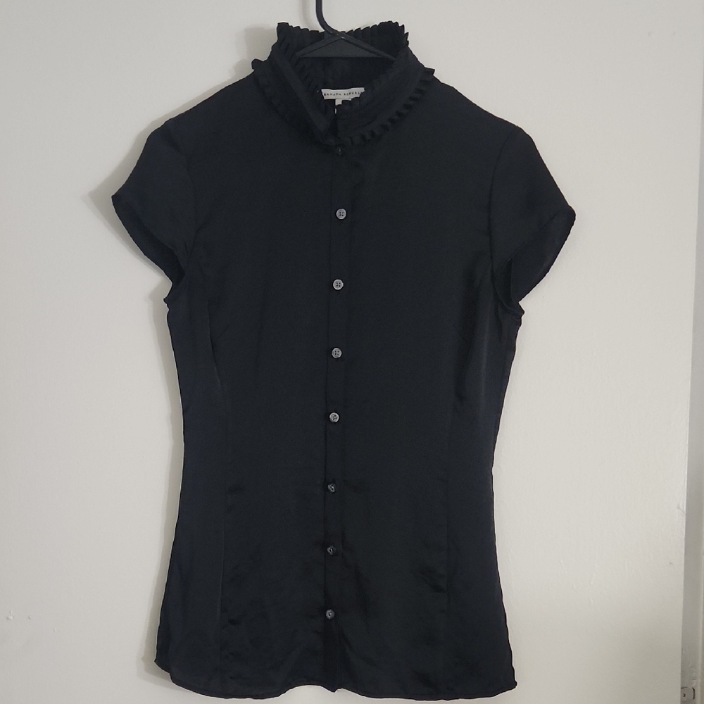 Banana Republic Black Ruffle-Neck Button Down Top